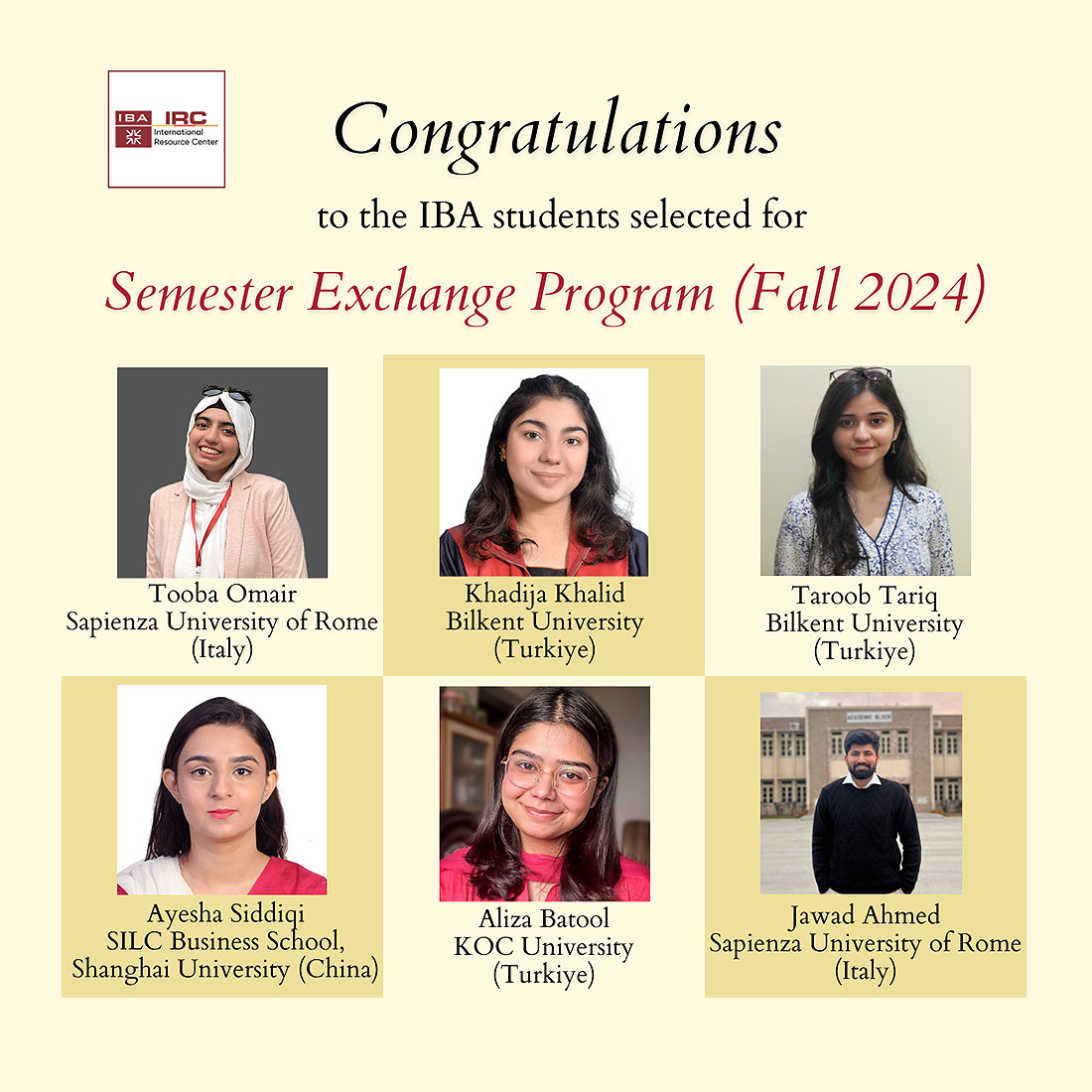 IBA Students selected for the Semester Exchange Program Fall 2024